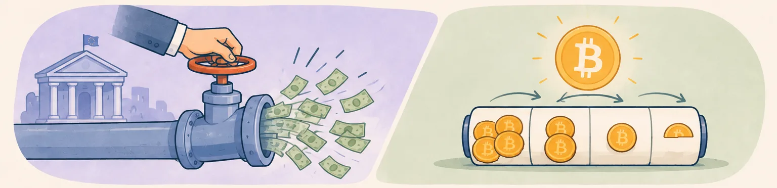 D'un côté, une main sur un robinet qui laisse couler la monnaie. De l'autre, une règle d'émission monétaire codée et connue à l'avance.